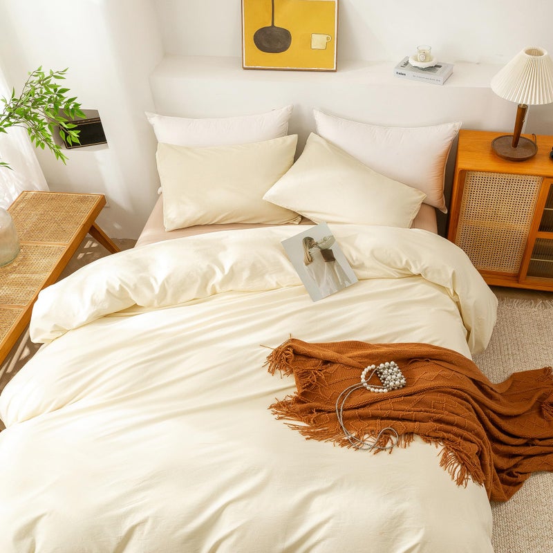 ECOCOTT Duvet Cover King Size - 3 Piece 100% Washed Cotton Bedding Set, Soft & Breathable with Zipper Closure 8 Corner Ties - Comfortable and Stylish for All Seasons (Cream) - Image 3